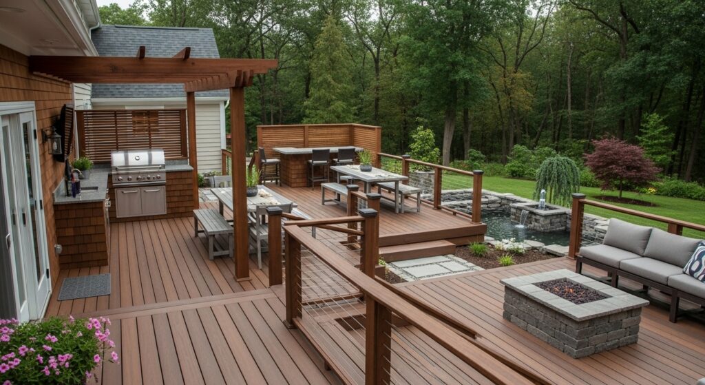 Deck Services MA & RI: Modern wood deck construction and renovation featuring built-in grill, seating areas, and a fire pit, surrounded by lush greenery.