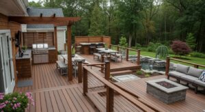 Deck Services MA & RI: Modern wood deck construction and renovation featuring built-in grill, seating areas, and a fire pit, surrounded by lush greenery.
