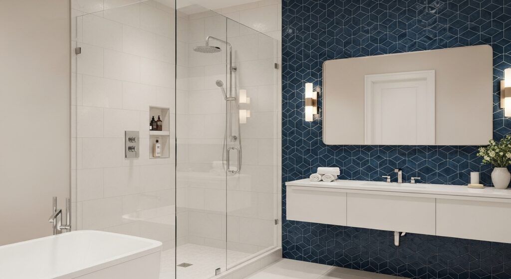 Tile Services MA & RI: Sleek bathroom featuring modern tile installation on walls and shower area, with geometric blue and classic white tiles.