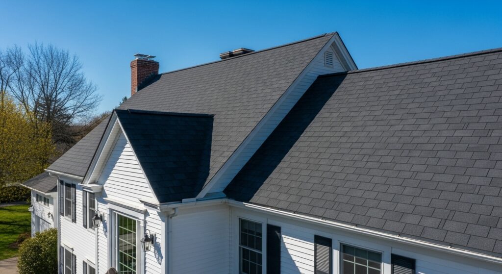 a well-maintained roof with new gray asphalt shingles on a white house, surrounded by trees and a bright blue sky.