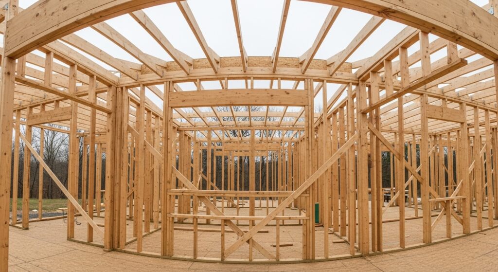 Framing Services MA & RI: Wooden framing structure under construction, showcasing sturdy beams and precise craftsmanship.