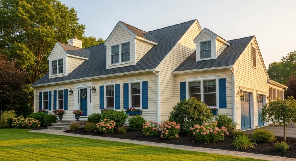 Painting Services Massachusetts & Rhode Island: Fresh exterior painting on a charming home in Massachusetts, showcasing crisp white siding and bright blue shutters.