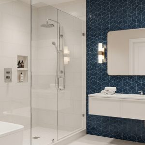 Tile Services MA & RI: Sleek bathroom featuring modern tile installation on walls and shower area, with geometric blue and classic white tiles.